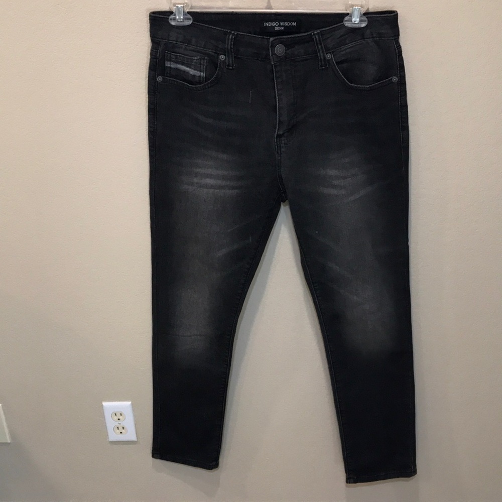 Indigo Wisdom Denim Men's Black Medium Wash 5 Pocket Distressed Jeans-34X30.